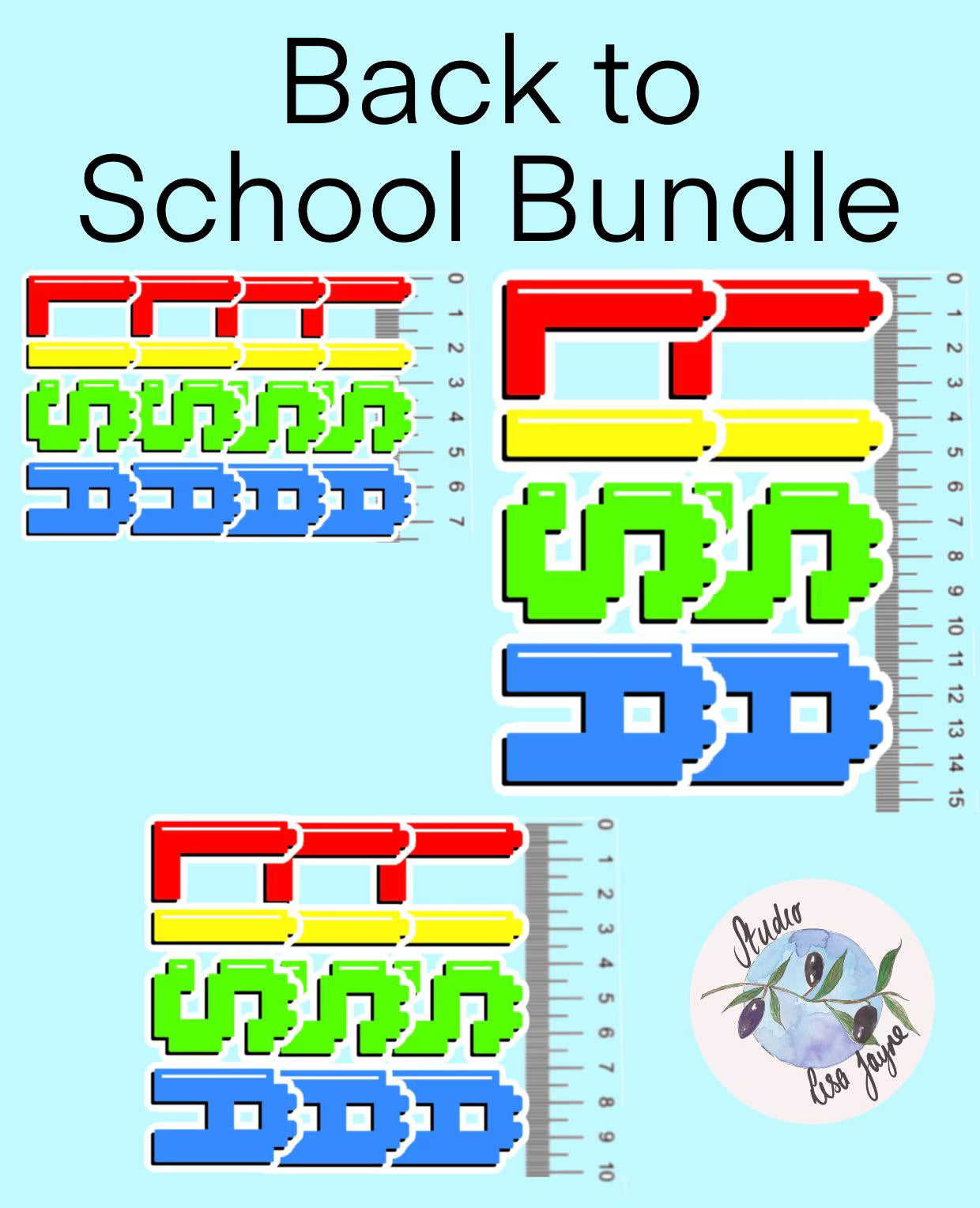 Colourful back-to-school-themed cut-outs with a ruler on a light blue background'.