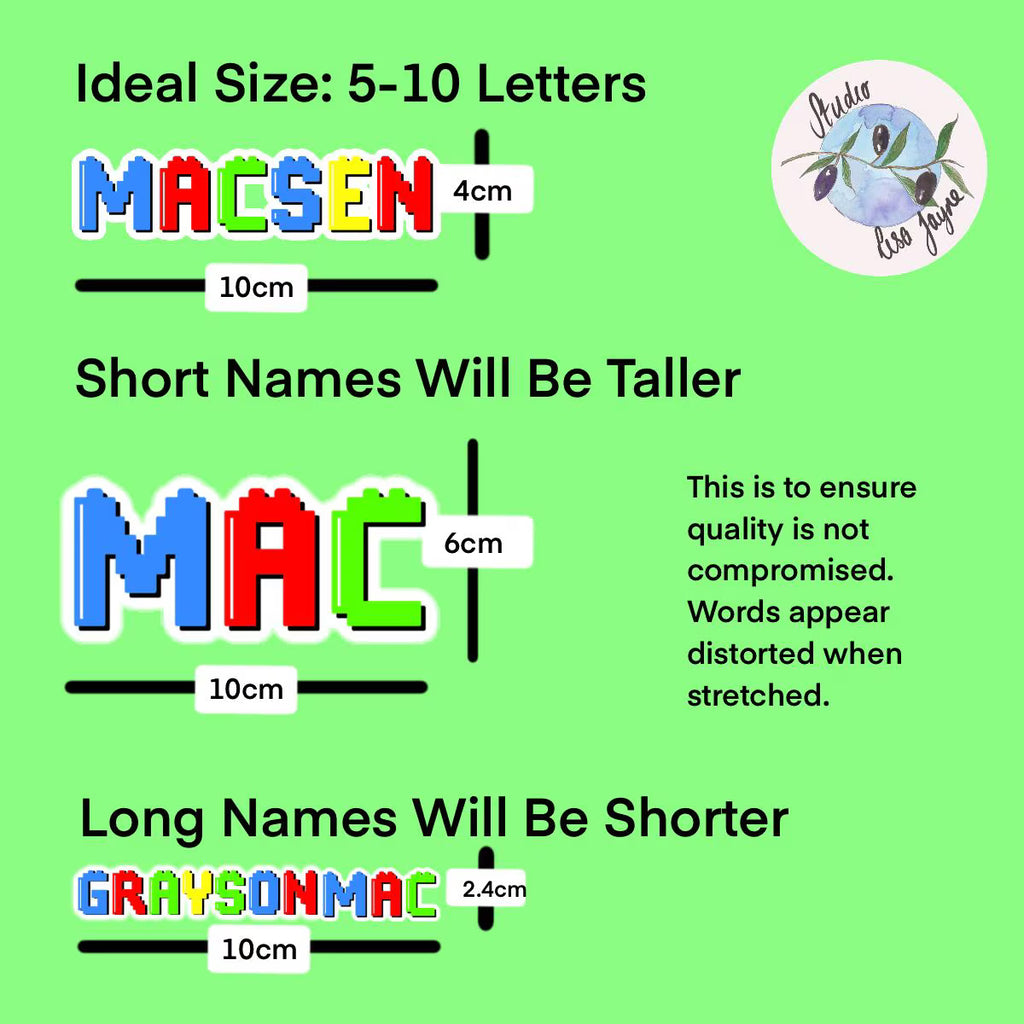 Diagram showing ideal name length for different font sizes on a green background with text and measurements.