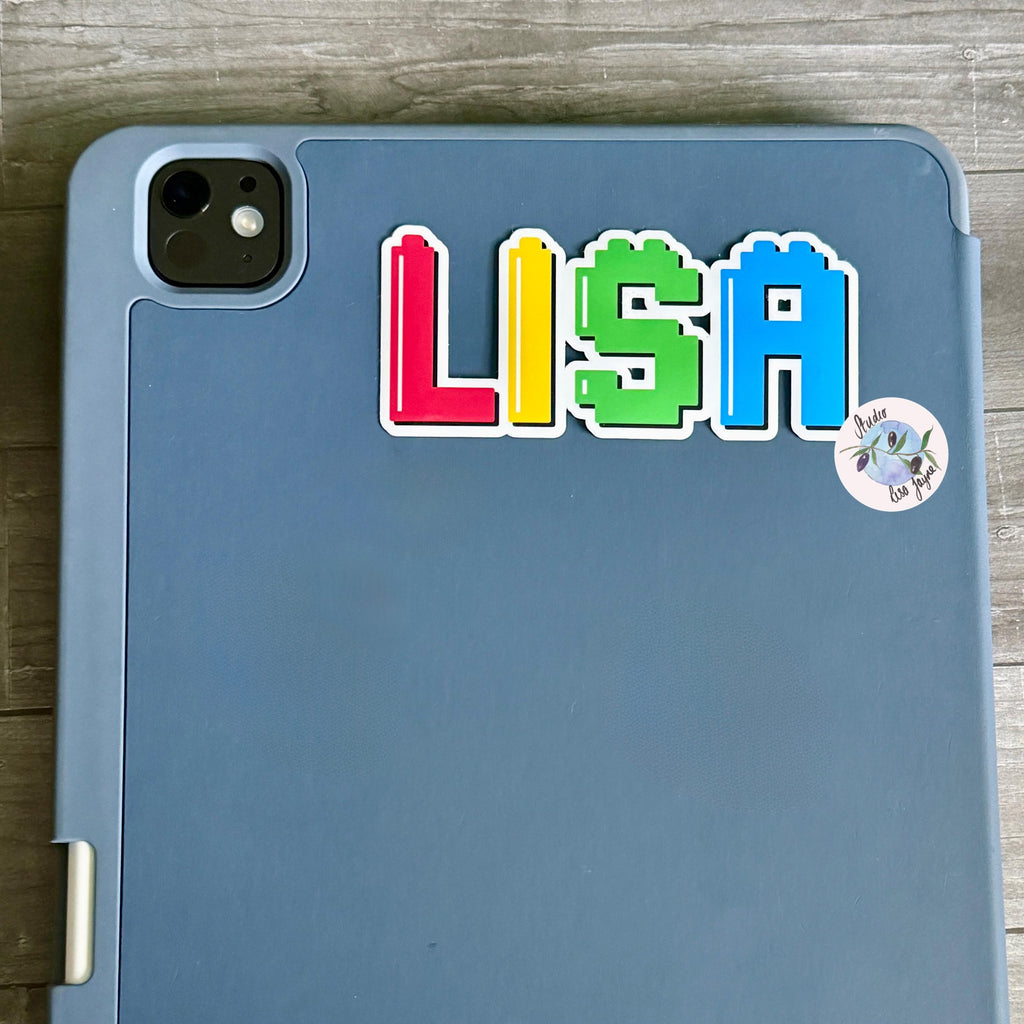 Blue tablet case with colourful building bricks 'LISA' sticker