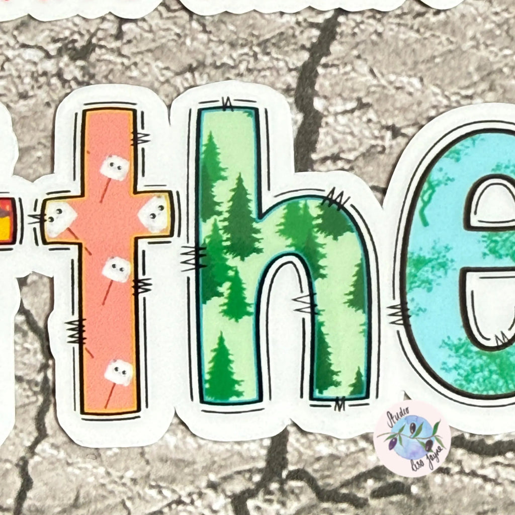 Cartoon-style text with nature, camping themed characters on a textured background