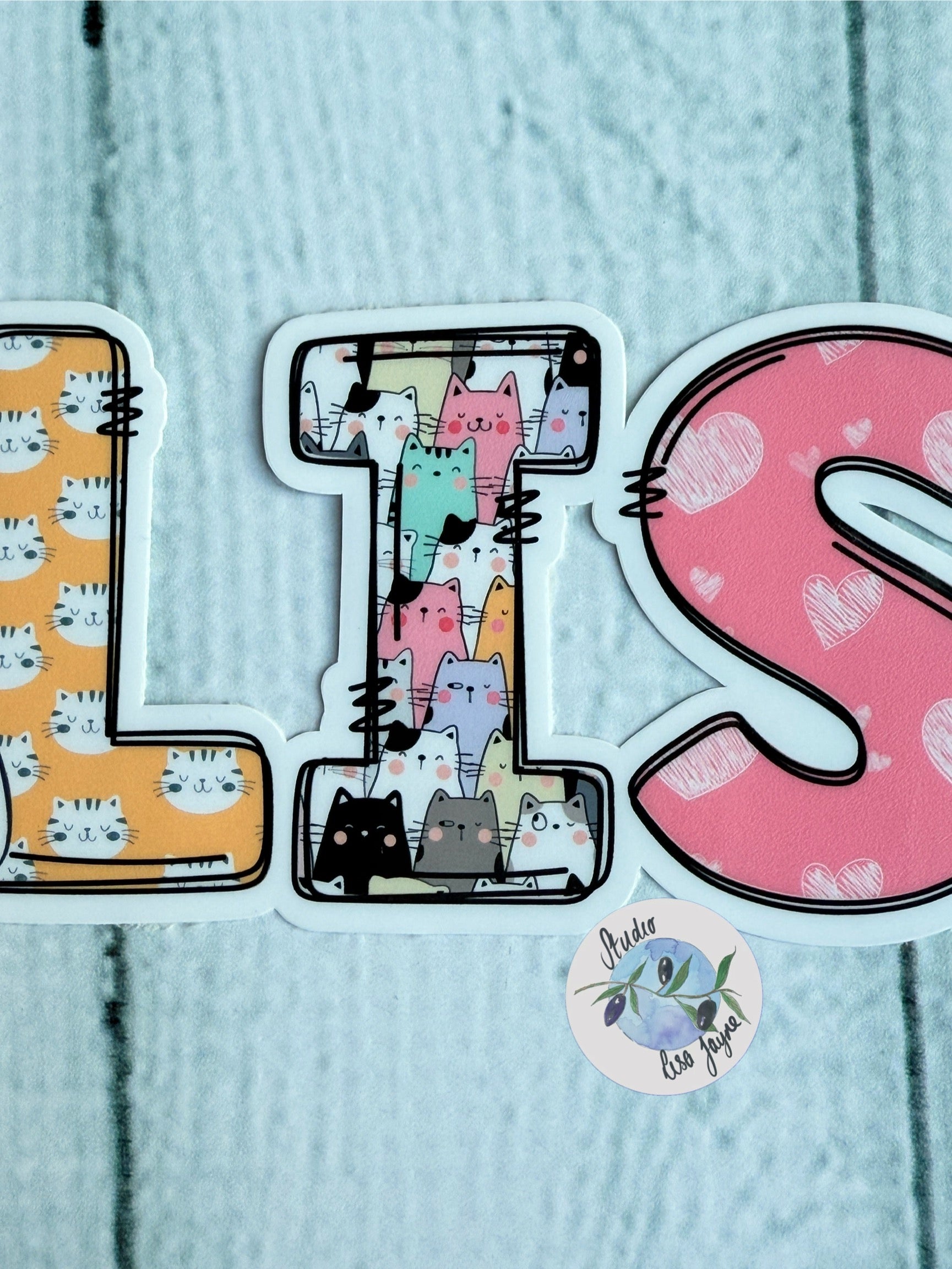 Cat Name Sticker waterproof vinyl, colourful Closeup Lisa Colourful cats letter