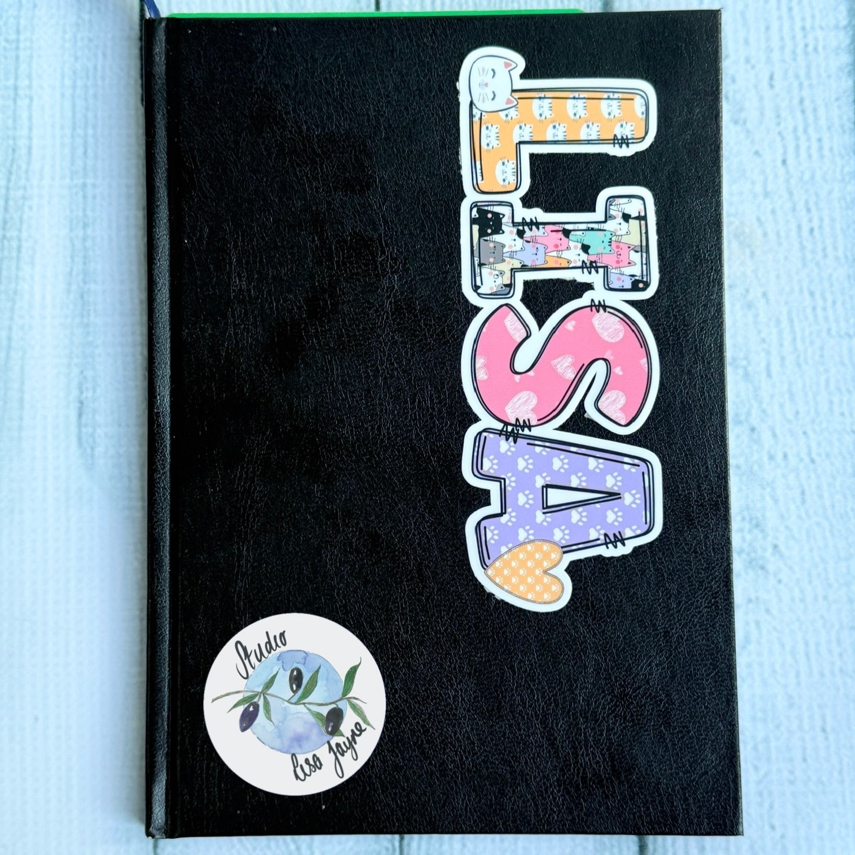 Cat Name Sticker waterproof vinyl, colourful diary journal notebook Lisa. Mix and match design
