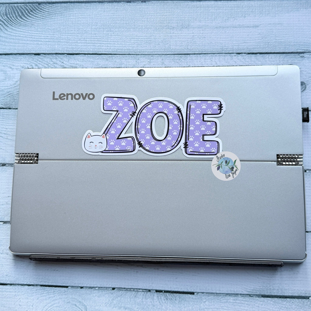 Cat Name Sticker waterproof vinyl, colourful Laptop iPad tablet Zoe Purple Pawprint design