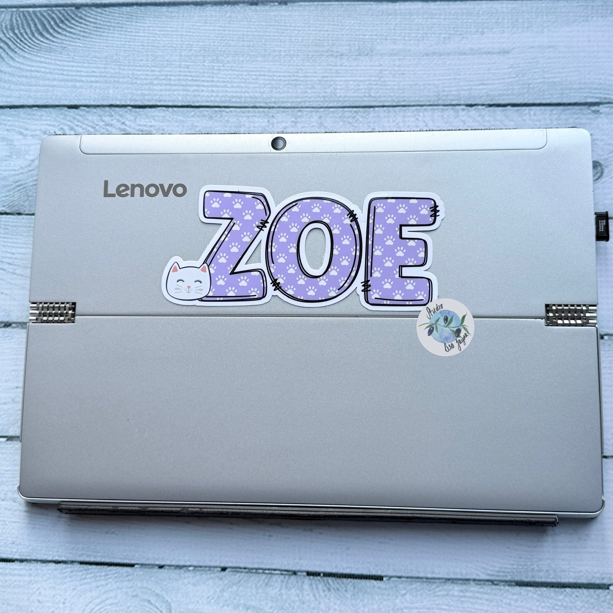 Cat Name Sticker waterproof vinyl, colourful Laptop iPad tablet Zoe Purple Pawprint design