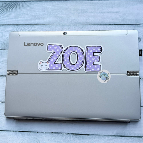 Cat Name Sticker waterproof vinyl, colourful Laptop iPad tablet Zoe Purple Pawprint design