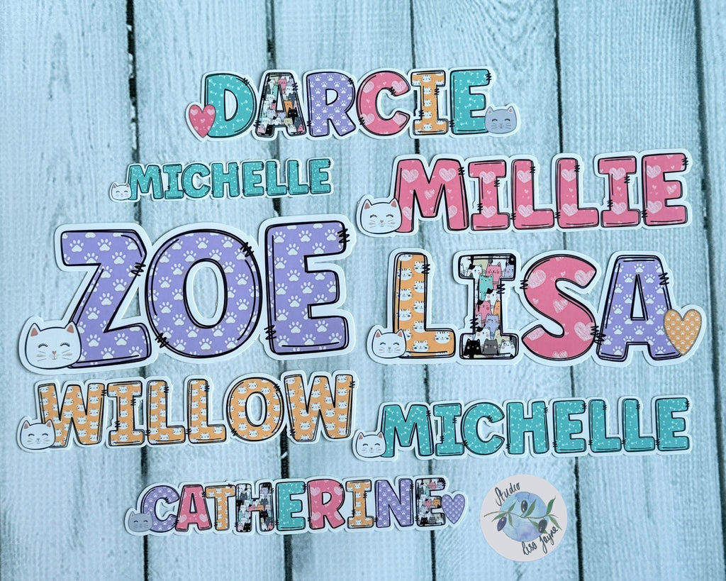 Cat Name Sticker waterproof vinyl, colourful multiple designs darcie michelle Millie Zoe lisa willow catherine