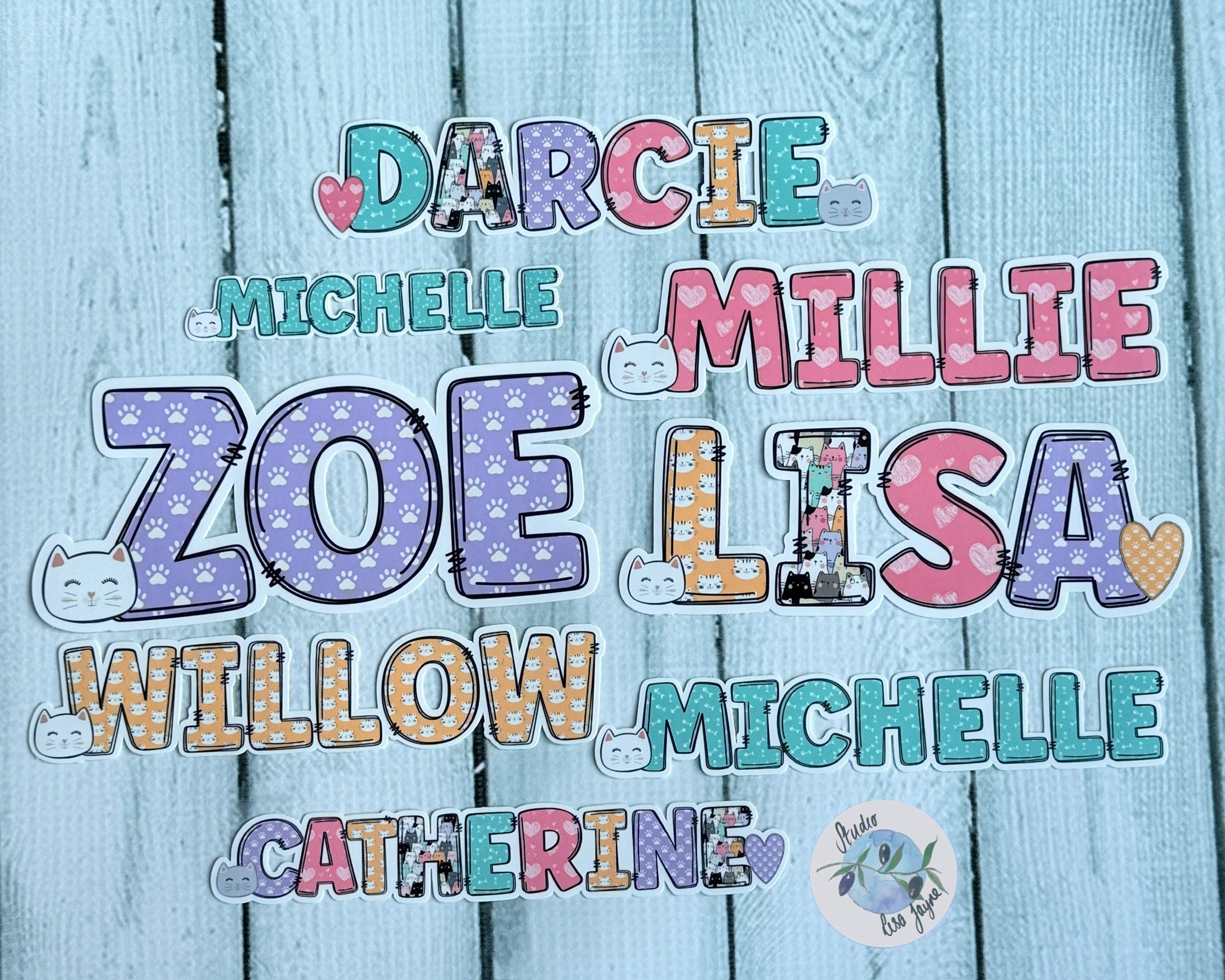 Cat Name Sticker waterproof vinyl, colourful multiple designs darcie michelle Millie Zoe lisa willow catherine