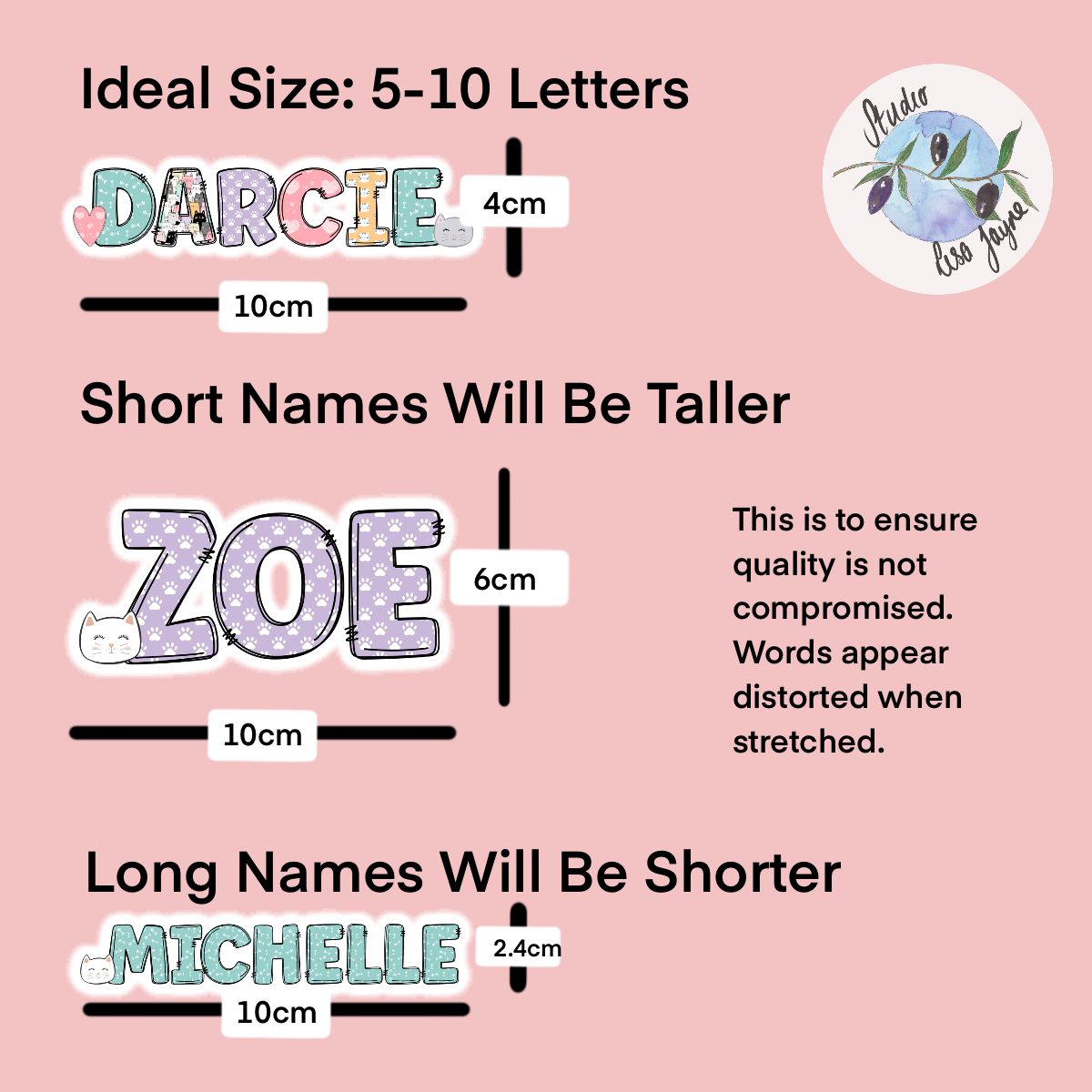 Cat Name Sticker waterproof vinyl, colourful Size chart