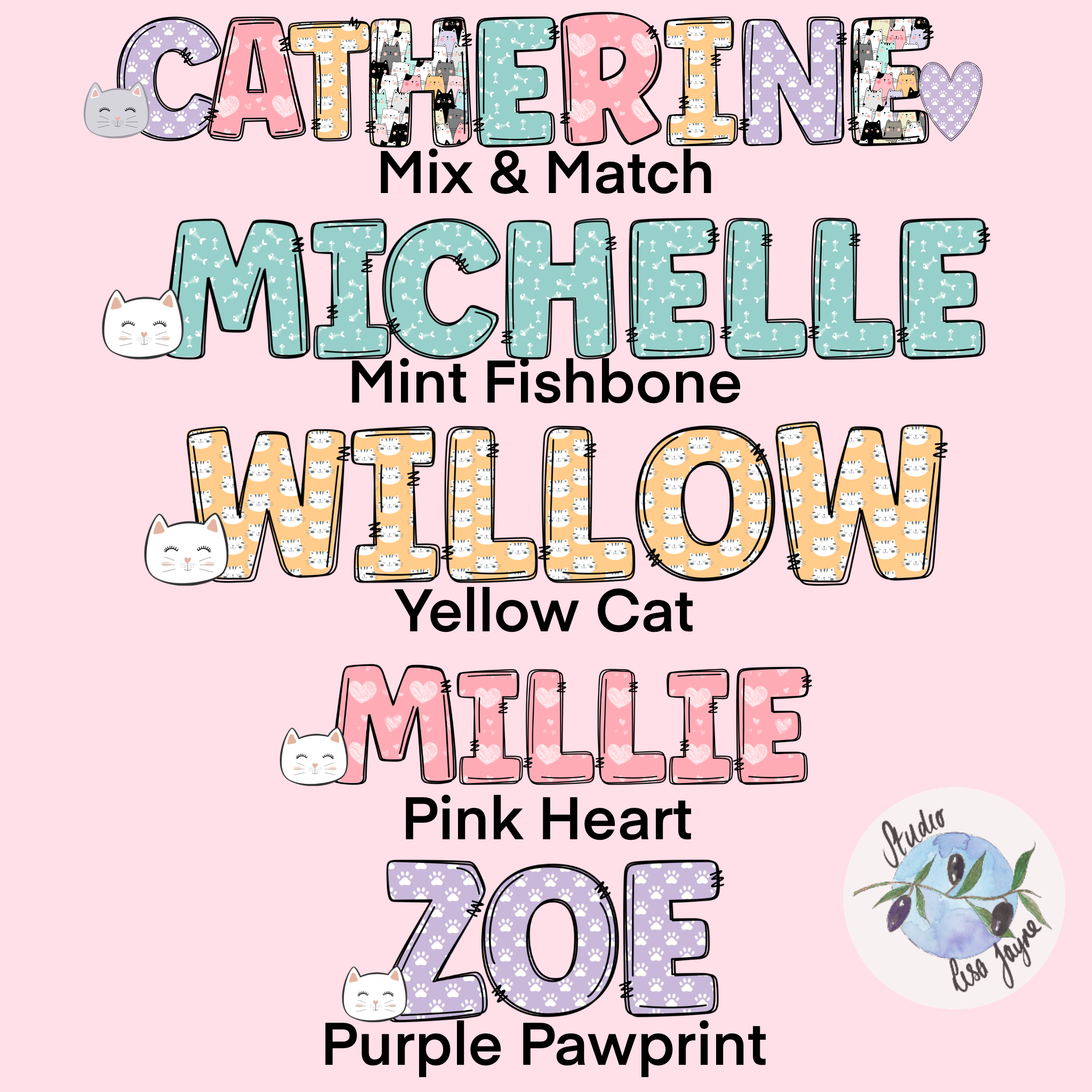Cat Name Sticker waterproof vinyl, colourful style names mint yellow pink purple