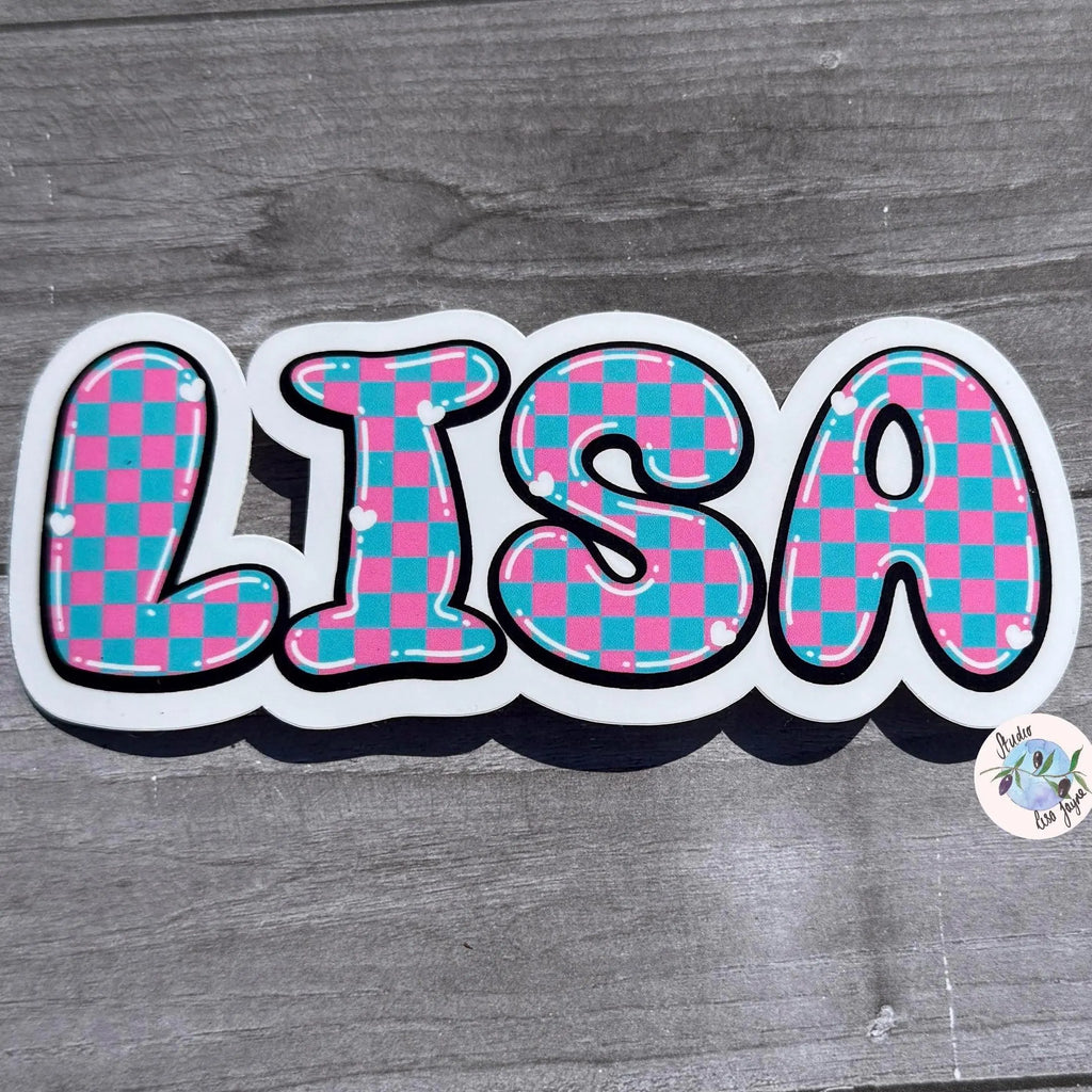 Sticker with 'LISA' in pink and blue checkered letters on a gray background