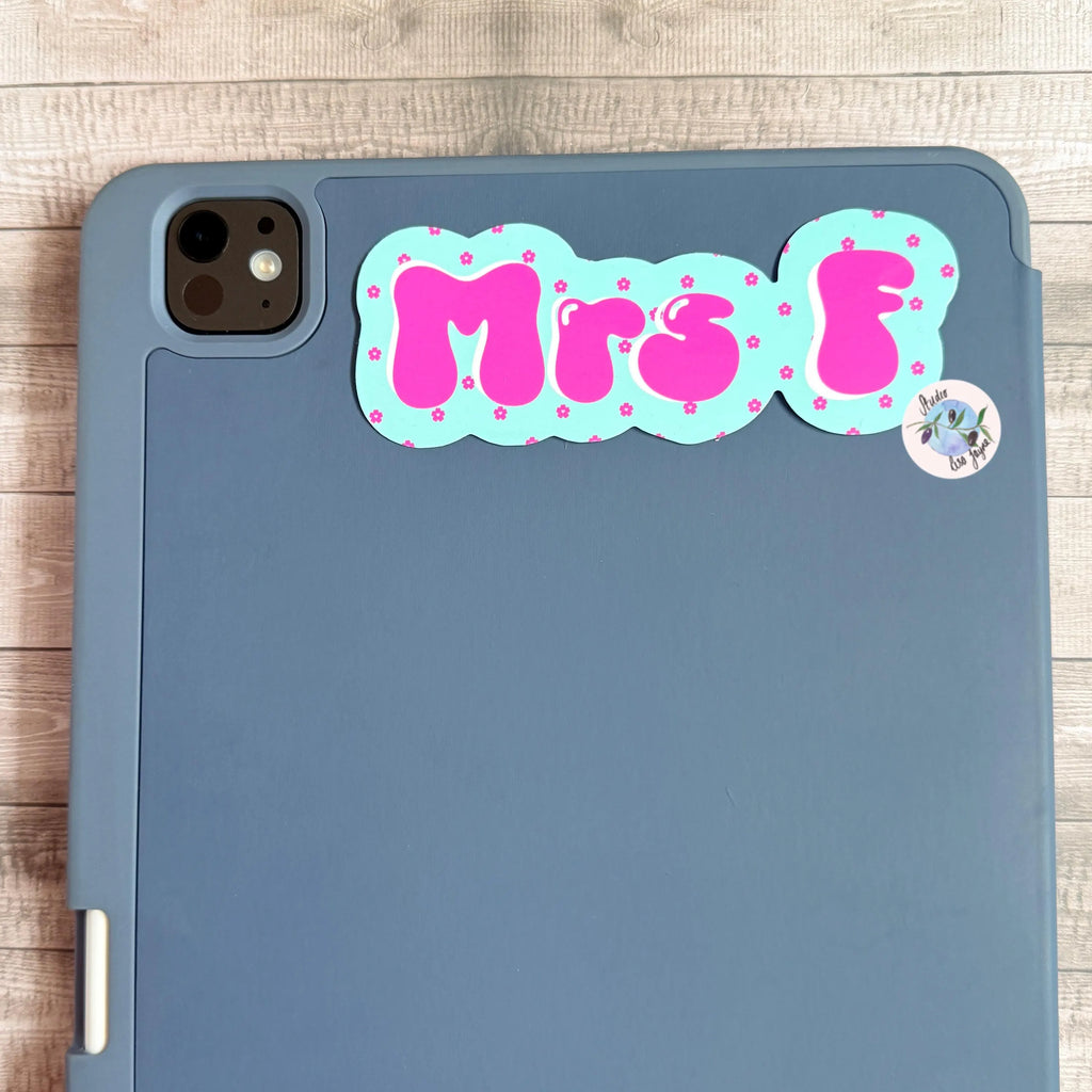 'Mrs F' cherry blossom sticker on an iPad tablet case