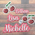 Cherry Sticker set with names 'Bethan', 'Lisa', and 'Michelle' on a wooden background