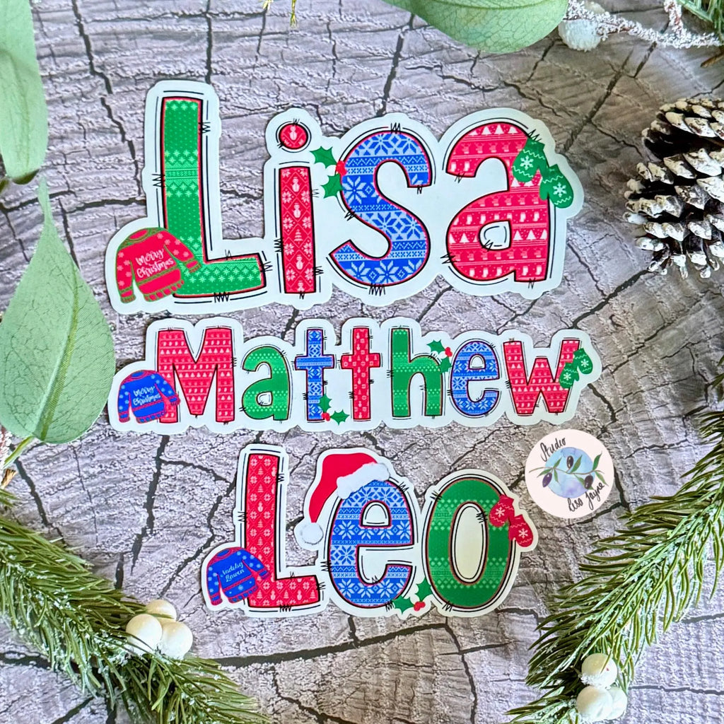 Colorful Christmas name stickers with Christmas Jumper and santa hat theme