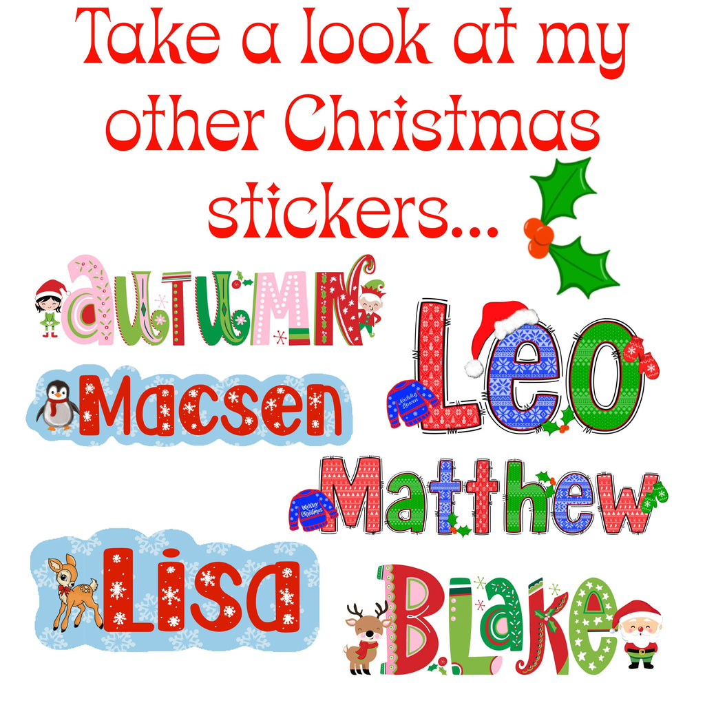 Colorful Christmas-themed name stickers with decorative elements on a white background.