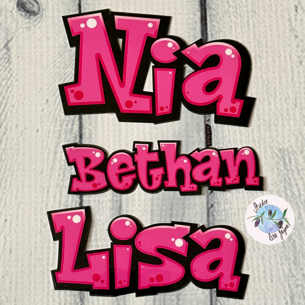 Comic Style Graffiti Personalised Waterproof Vinyl Name Sticker - Pink names, Nia, Bethan and Lisa