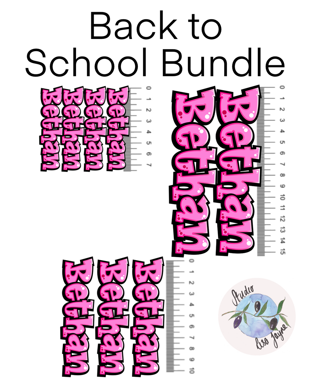 Comic Style Graffiti Personalised Waterproof Vinyl Name Sticker - infographic showing that 3 different sizes (7.5cm, 10cm and 15cm) are included in the back to school bundle