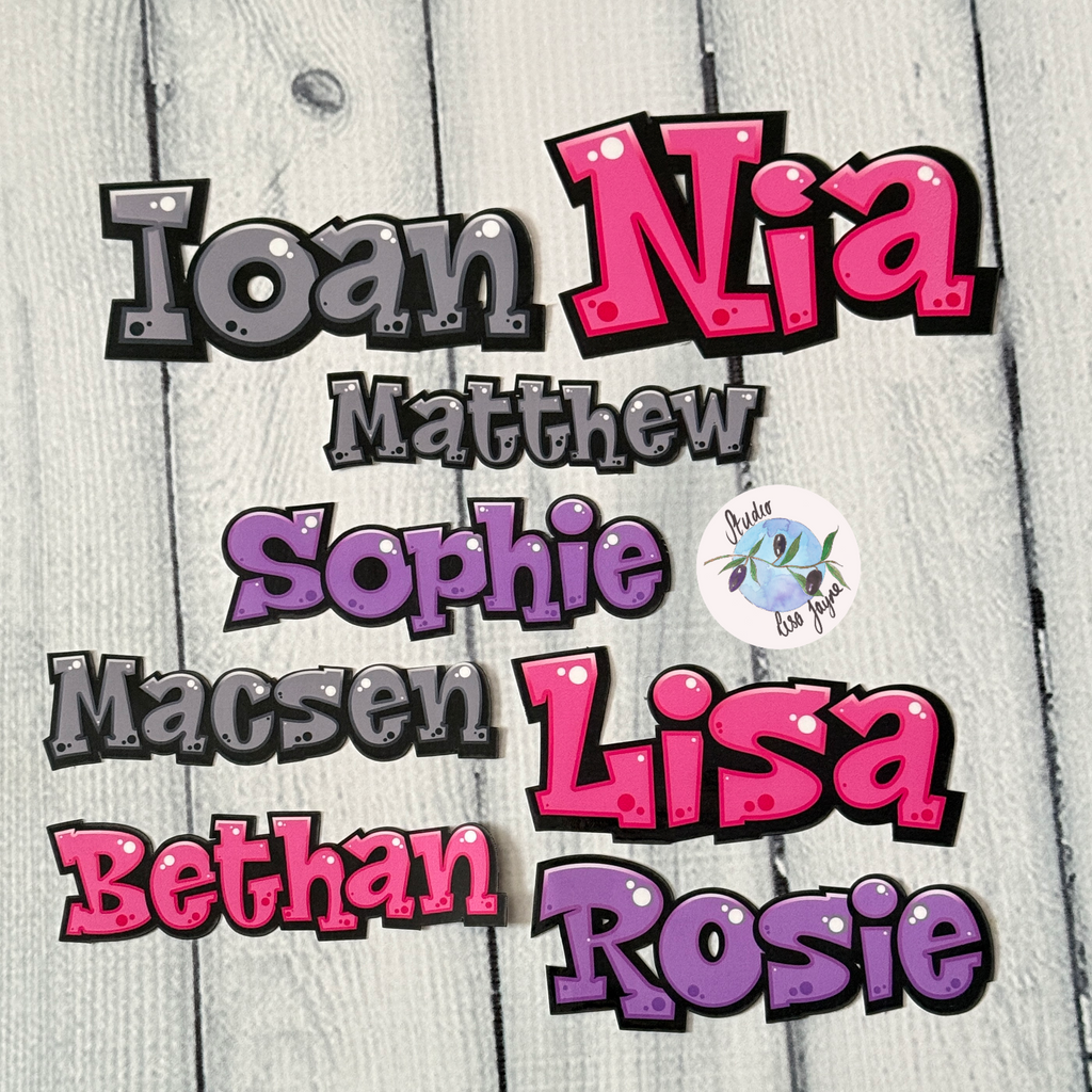 Comic Style Graffiti Personalised Waterproof Vinyl Name Sticker - Birthday Party Order for drinks bottles.  Pink, Grey and Purple (also available in blue)
