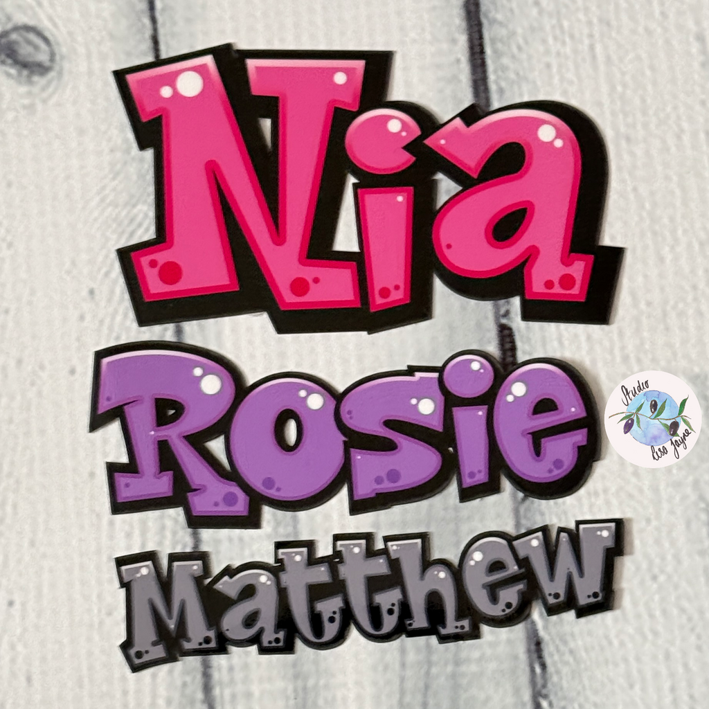 Comic Style Graffiti Personalised Waterproof Vinyl Name Sticker - Available in Pink, Purple, Monochrome and Blue