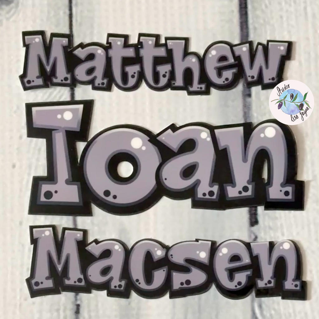 Comic Style Graffiti Personalised Waterproof Vinyl Name Sticker - Monochrome names Matthew, Ioan and Macsen