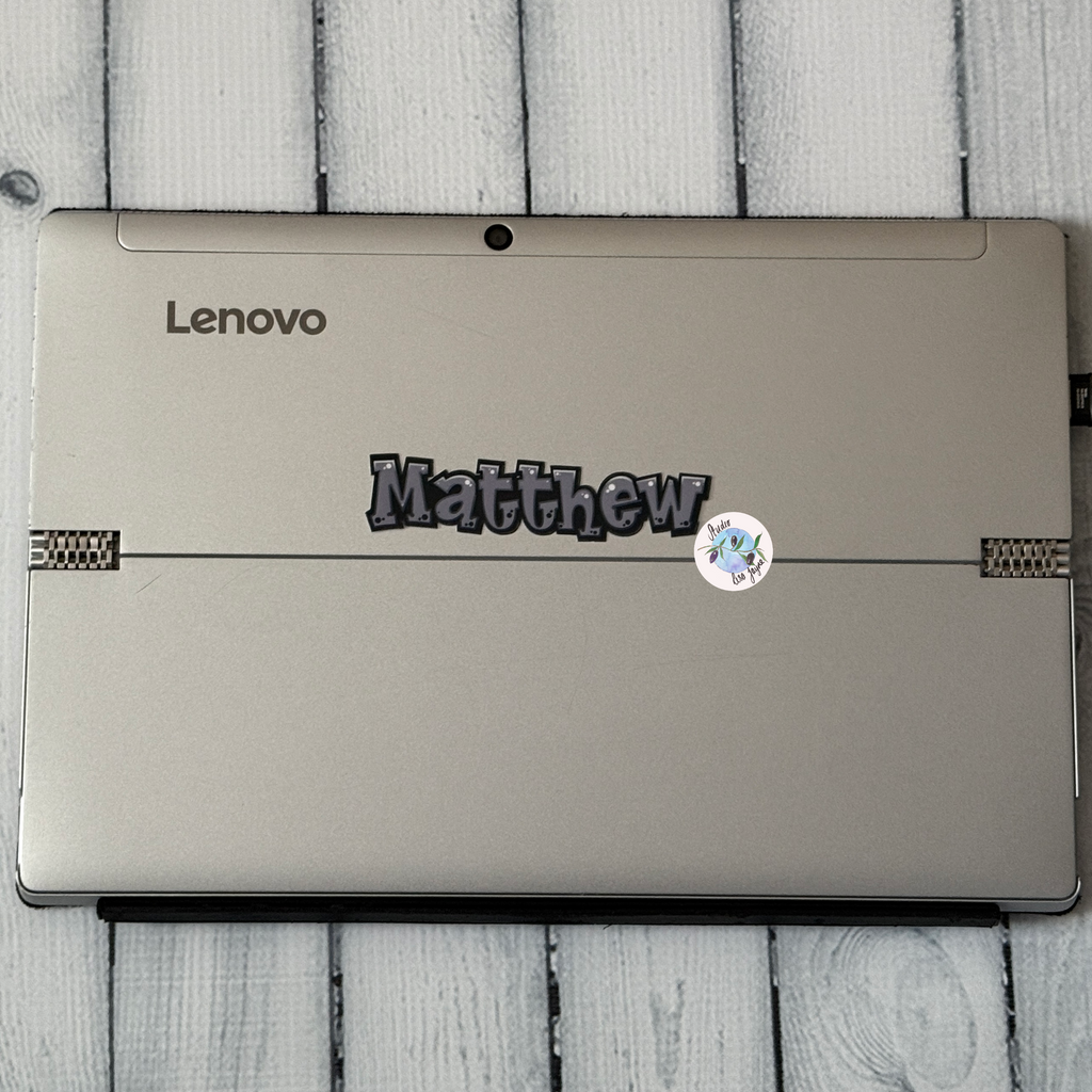 Comic Style Graffiti Personalised Waterproof Vinyl Name Sticker - Monochrome Matthew Sticker on Lenovo laptop