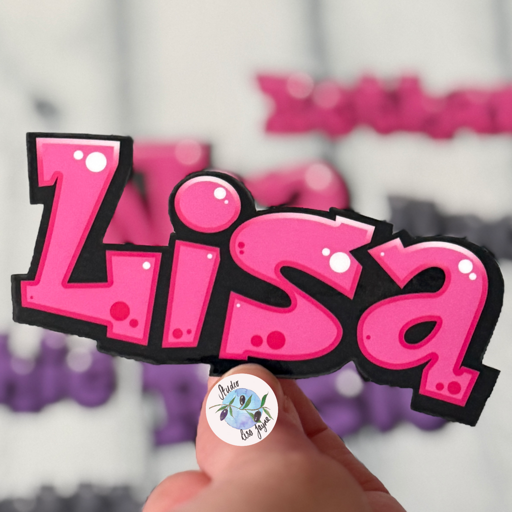 Comic Style Graffiti Personalised Waterproof Vinyl Name Sticker - Pink Lisa in hand
