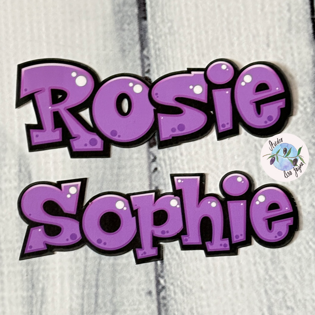 Comic Style Graffiti Personalised Waterproof Vinyl Name Sticker - Purple names Rosie and Sophie