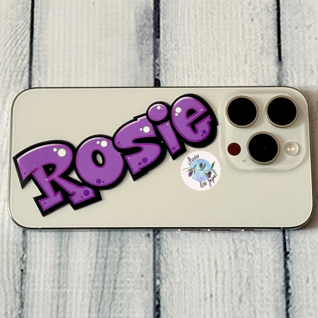 Comic Style Graffiti Personalised Waterproof Vinyl Name Sticker - Purple name label Rosie for unique customised iPhone