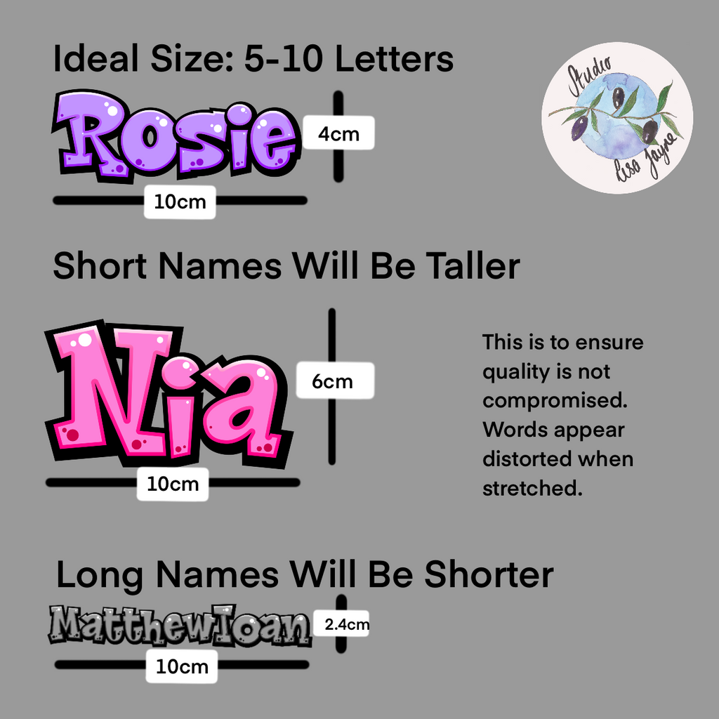 Comic Style Graffiti Personalised Waterproof Vinyl Name Sticker - Example size chart