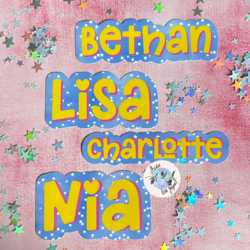 Names stickers Bethan, Lisa, Charlotte, Nia on a pink background with star confetti.  Star, night sky design with bright yellow/pink font