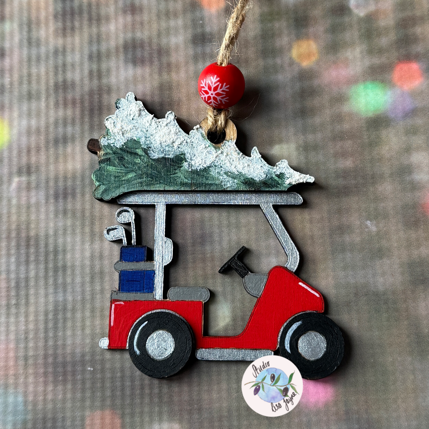 Golf Cart Christmas Wooden Handmade Tree Decoration - golfer Dad, father - closeup 