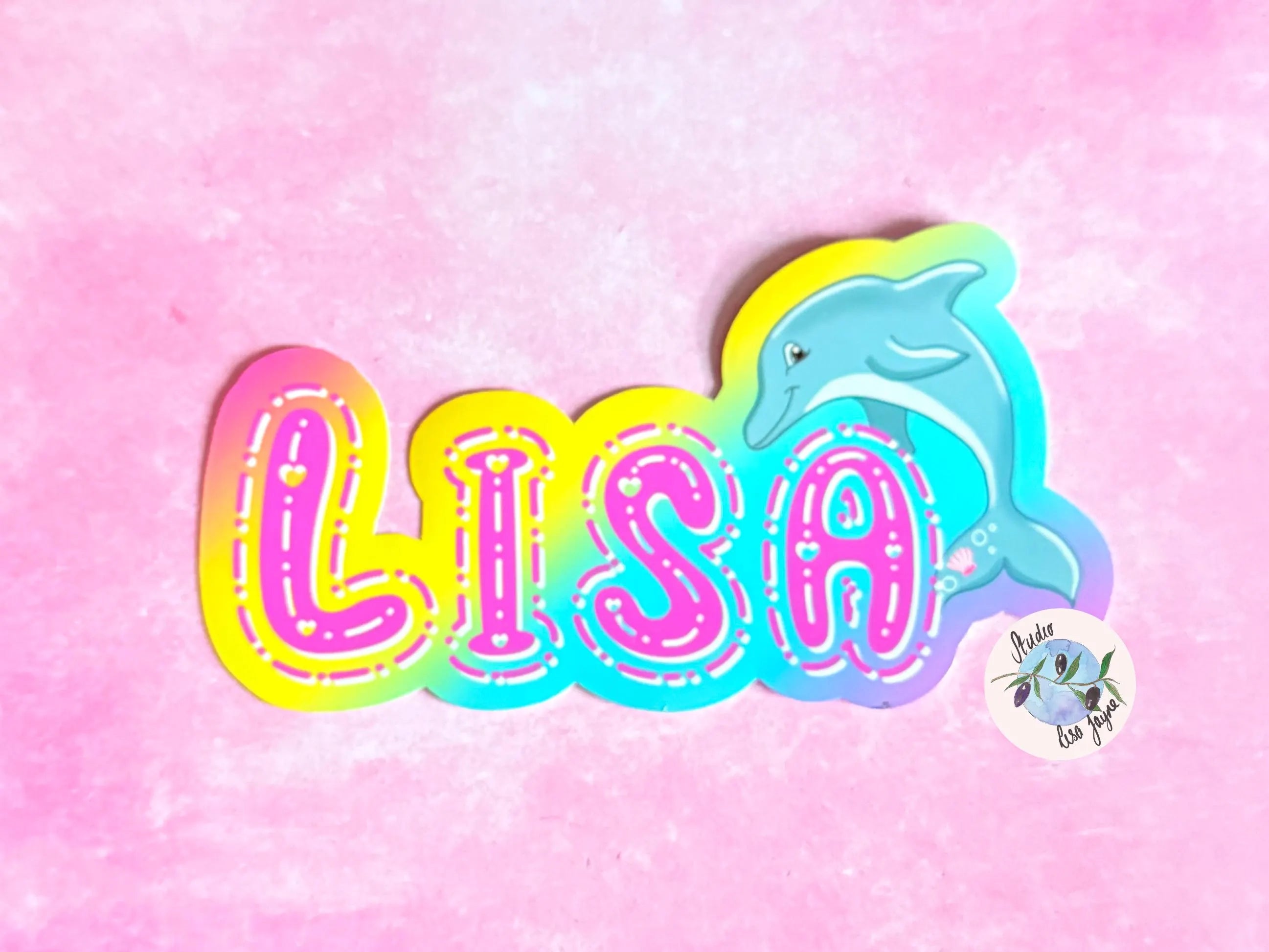 Colorful 'LISA' text sticker with a dolphin on a rainbow background