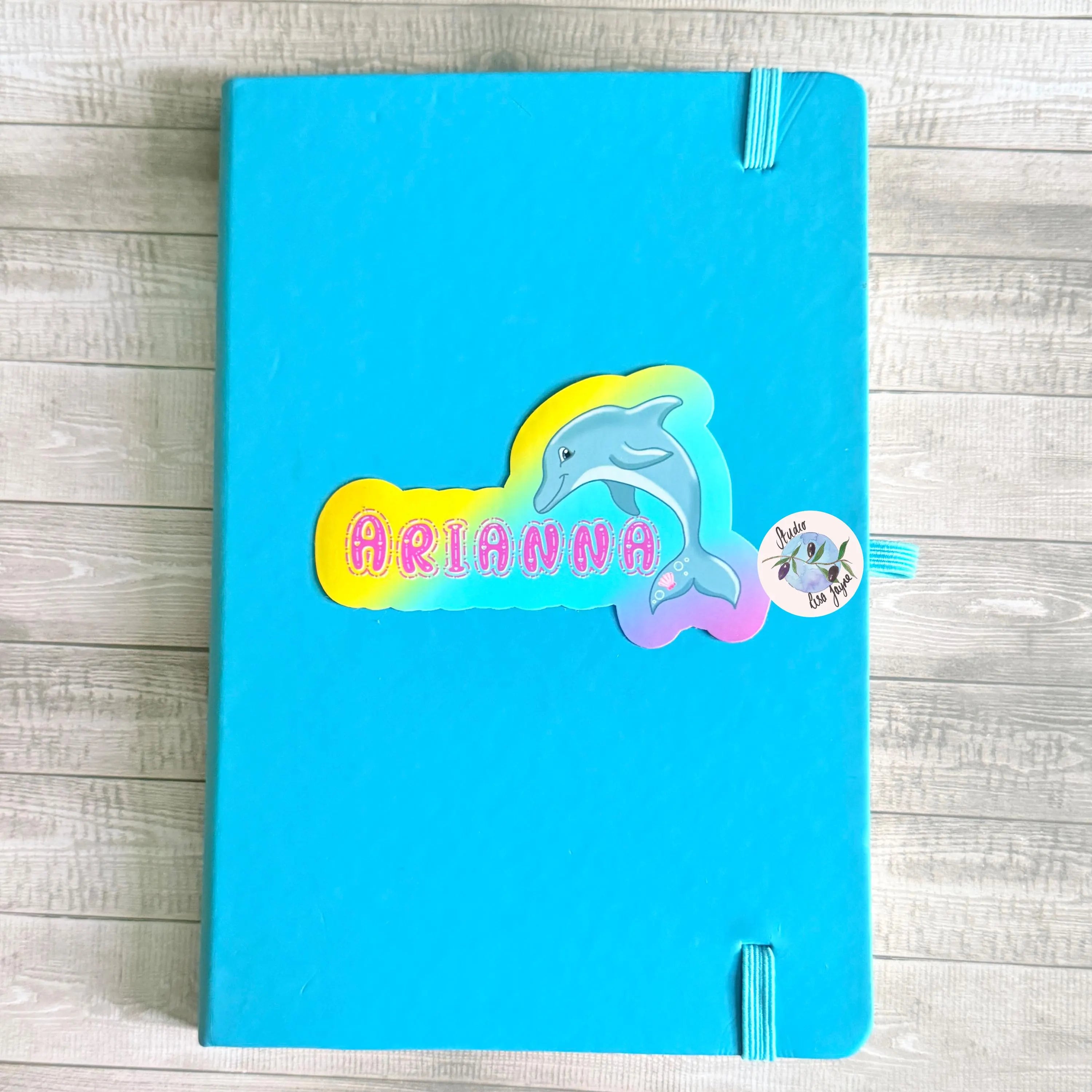 Blue notebook diary journal with a dolphin sticker design and 'Arianna' text on a rainbow blended background
