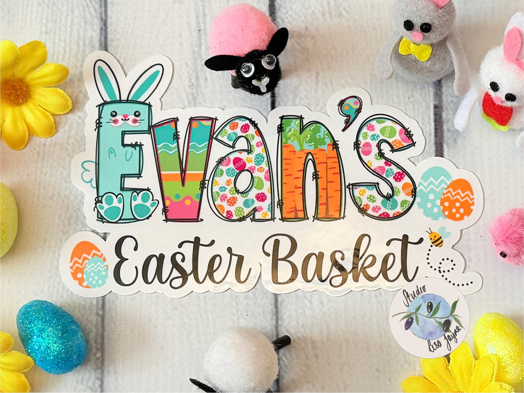Premium waterproof Easter Basket stickers. Ideal for laptops, books, and any smooth surface. Evan's Easter Basket