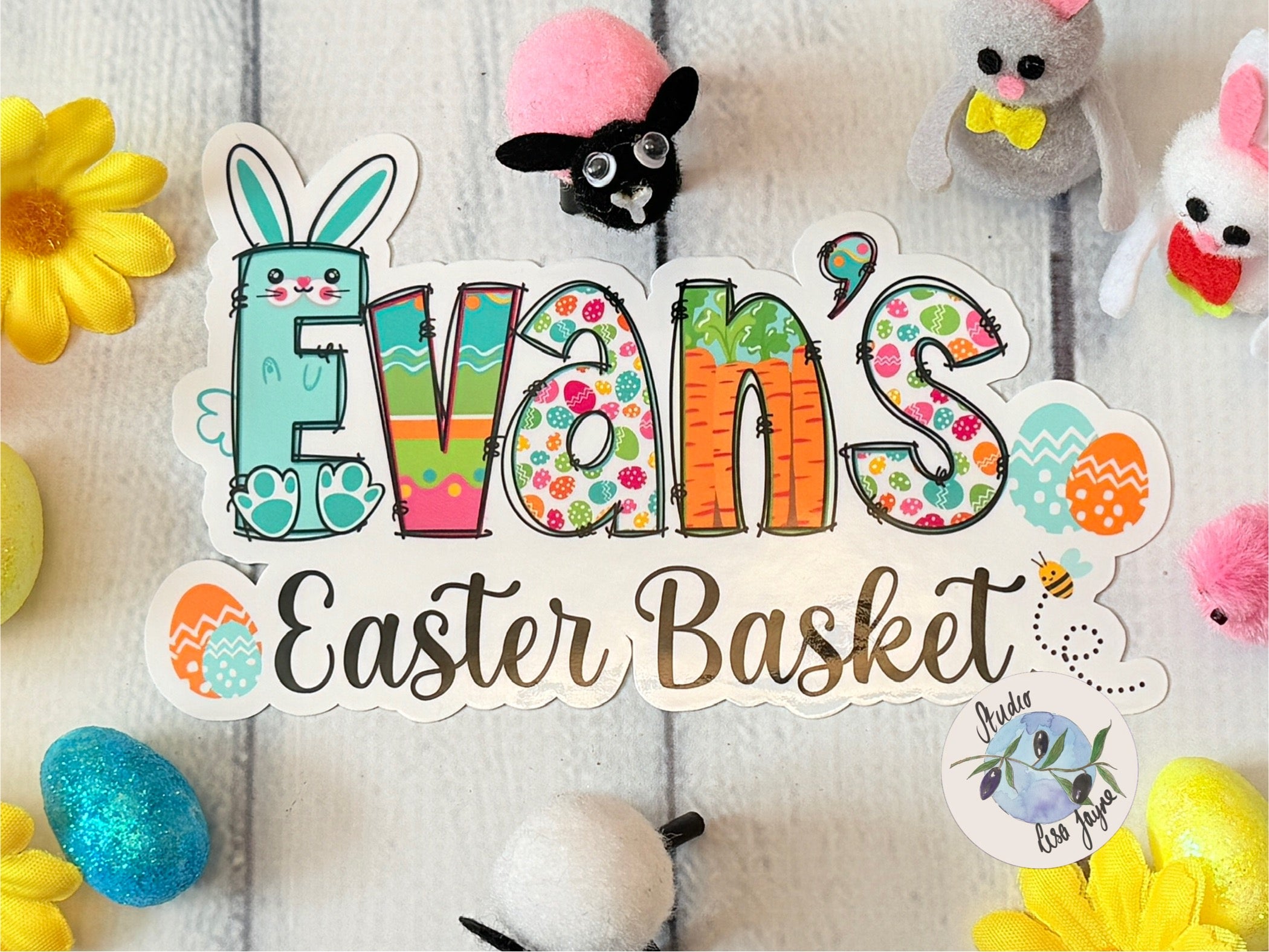 Premium waterproof Easter Basket stickers. Ideal for laptops, books, and any smooth surface. Evan's Easter Basket