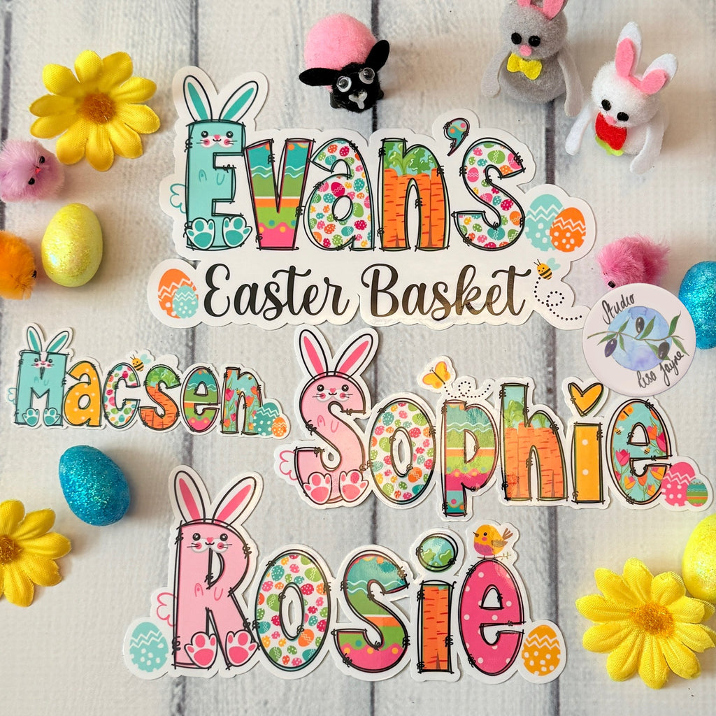 Premium waterproof Easter Basket stickers. Ideal for laptops, books, and any smooth surface. Collection of Names Evan, Macsen, Sophie, Rosie