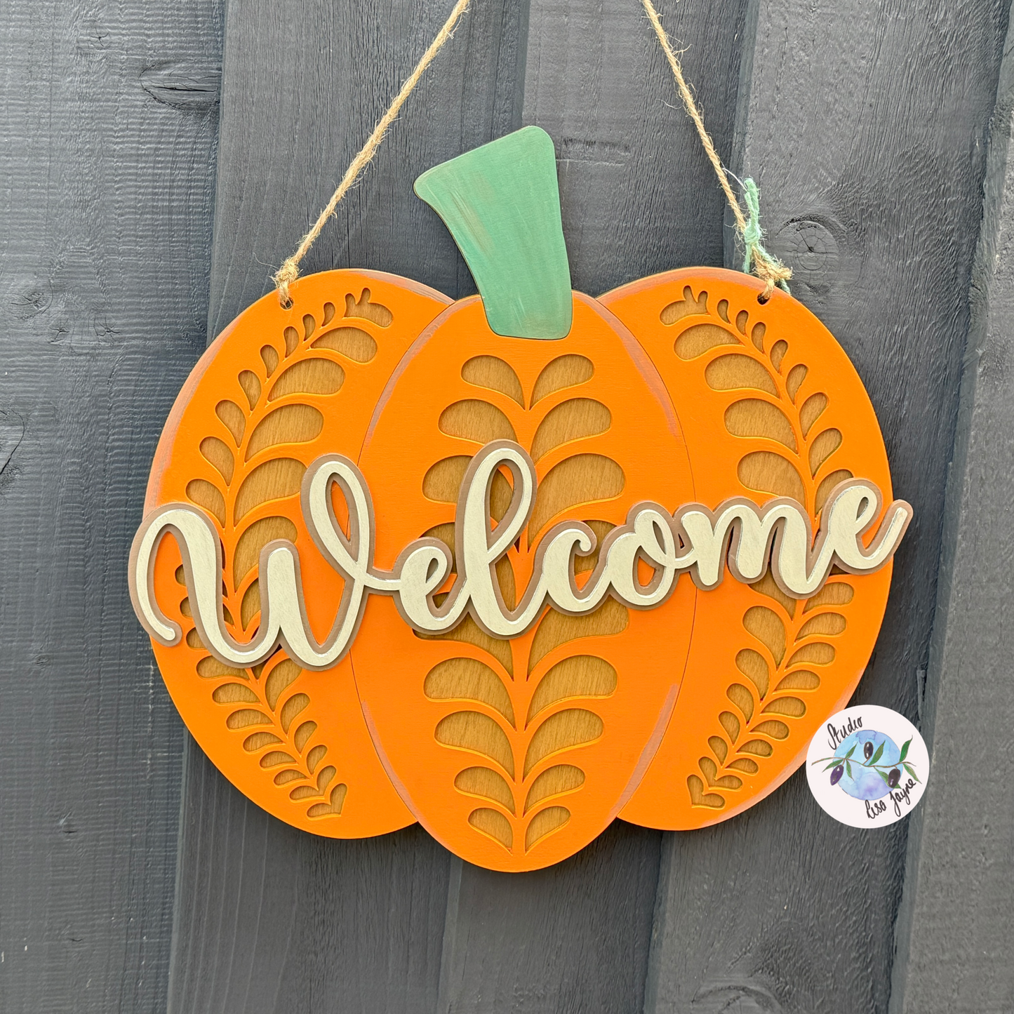 Beautiful Hand painted Welcome Pumpkin Autumn large sign 30cm x 30cm - hanging on a blue fence