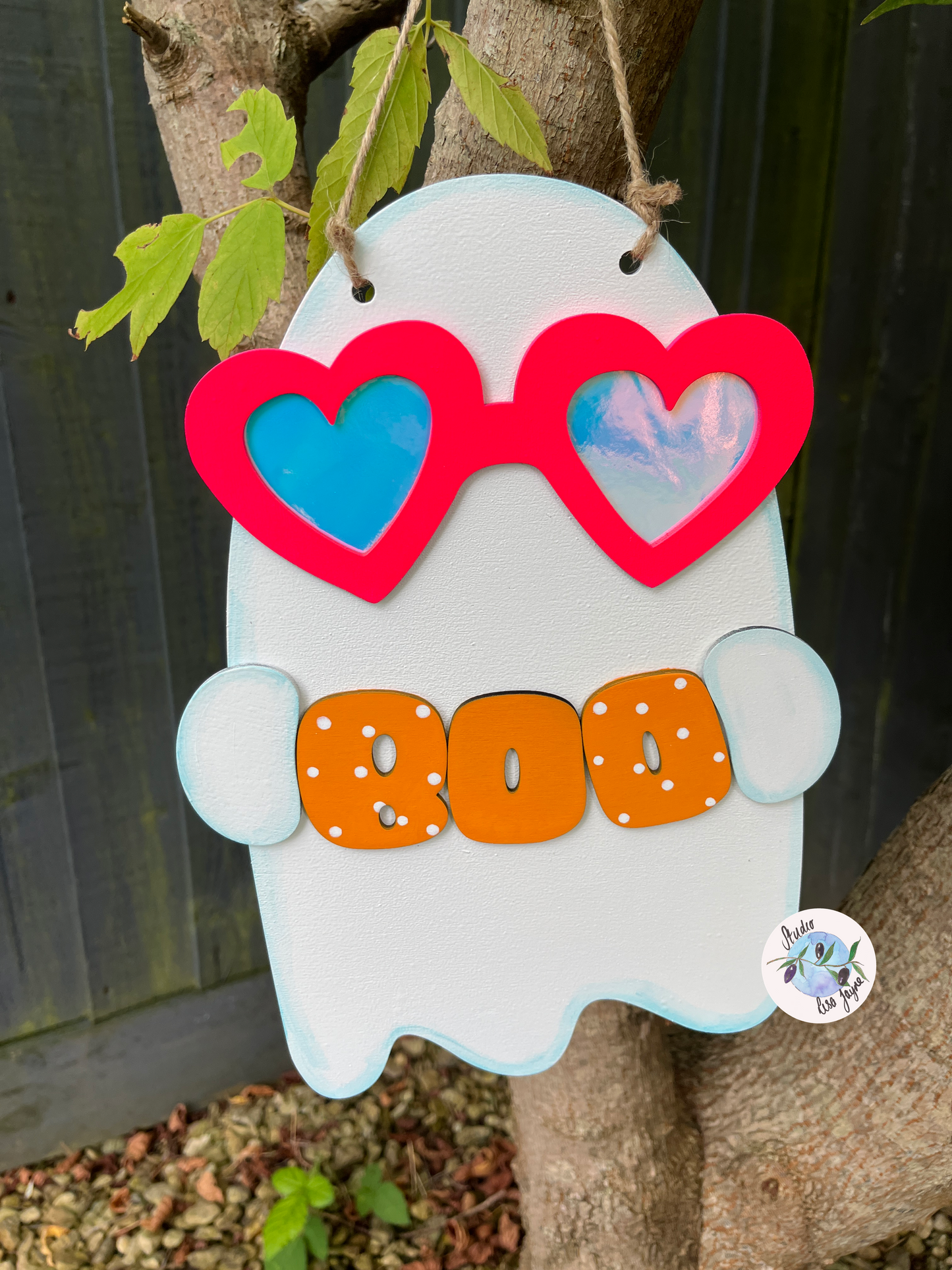 Cute ghost Halloween sign - wearing reflective glasses and holding a boo sign - tree hang