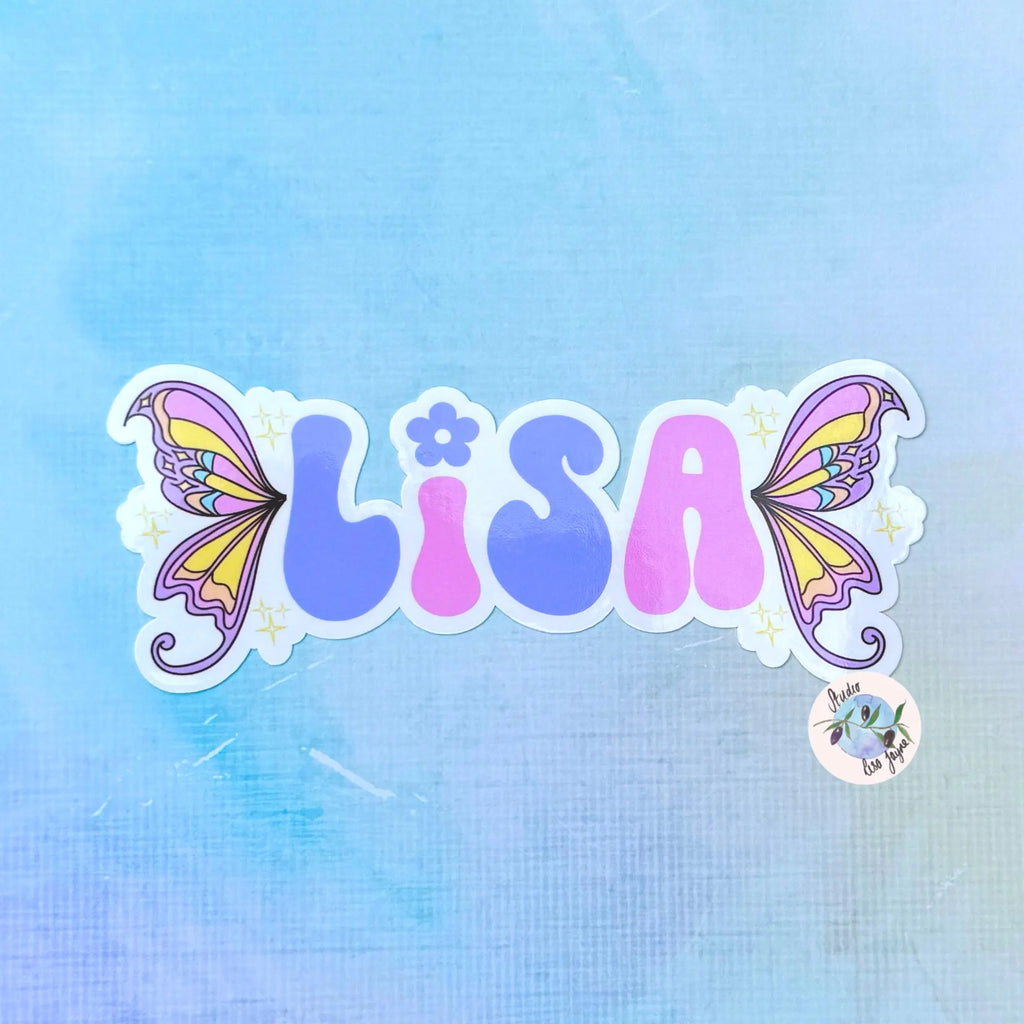 Fairy girly themed Sticker with the name 'Lisa' and butterfly designs on a blue background