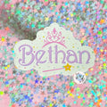 Fairy Princess Sticker with 'Bethan' and a crown tiara design on a colorful starry background