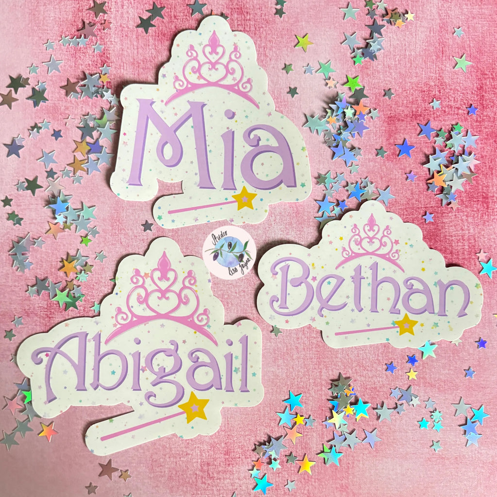 Multiple names stickers all themed aroud fairy princesses with a tiara and wand