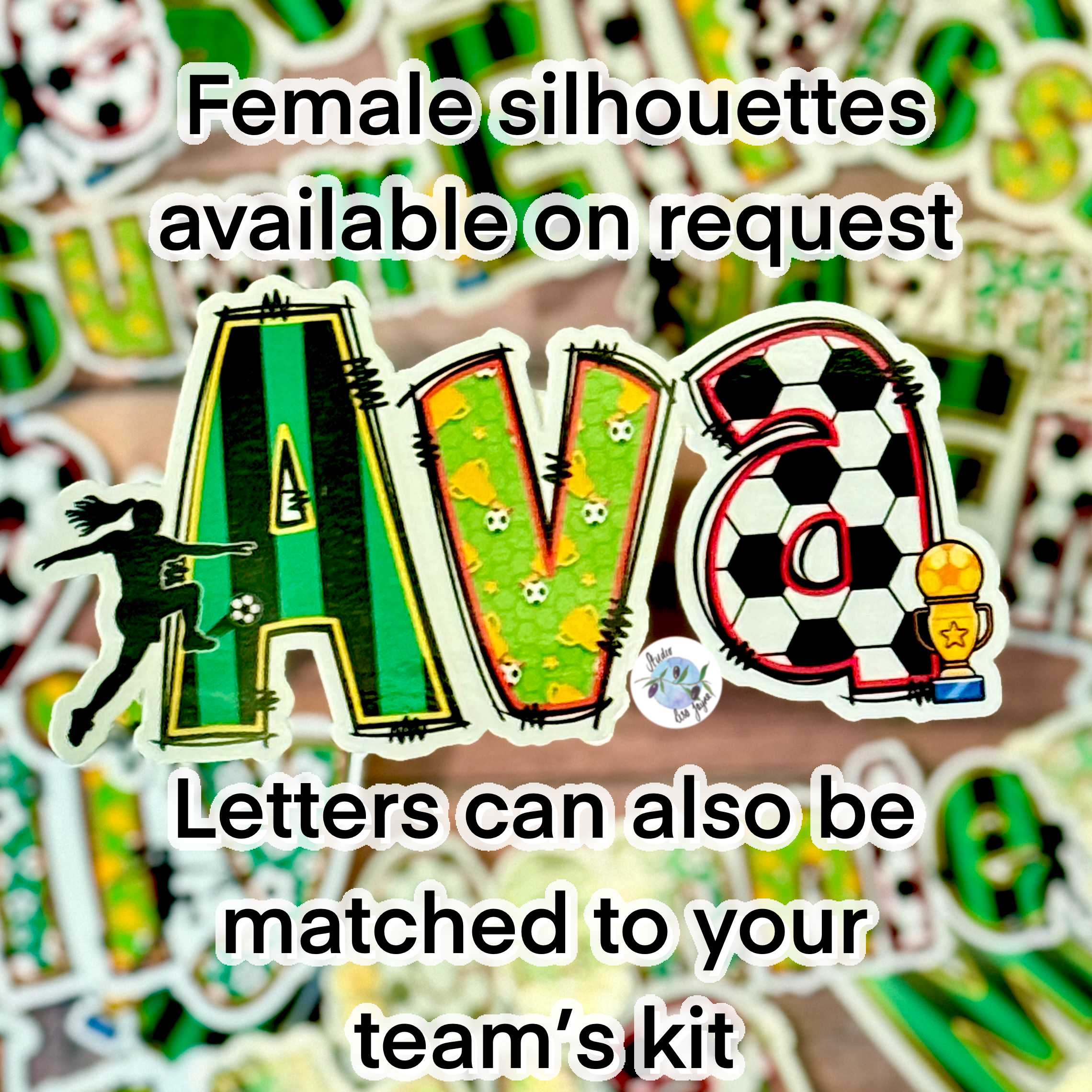 Female footballer names sticker.  Name Ava with soccer related patterns and women silhouettes.  Waterproof durable personalised decal made by Studio Lisa Jayne.