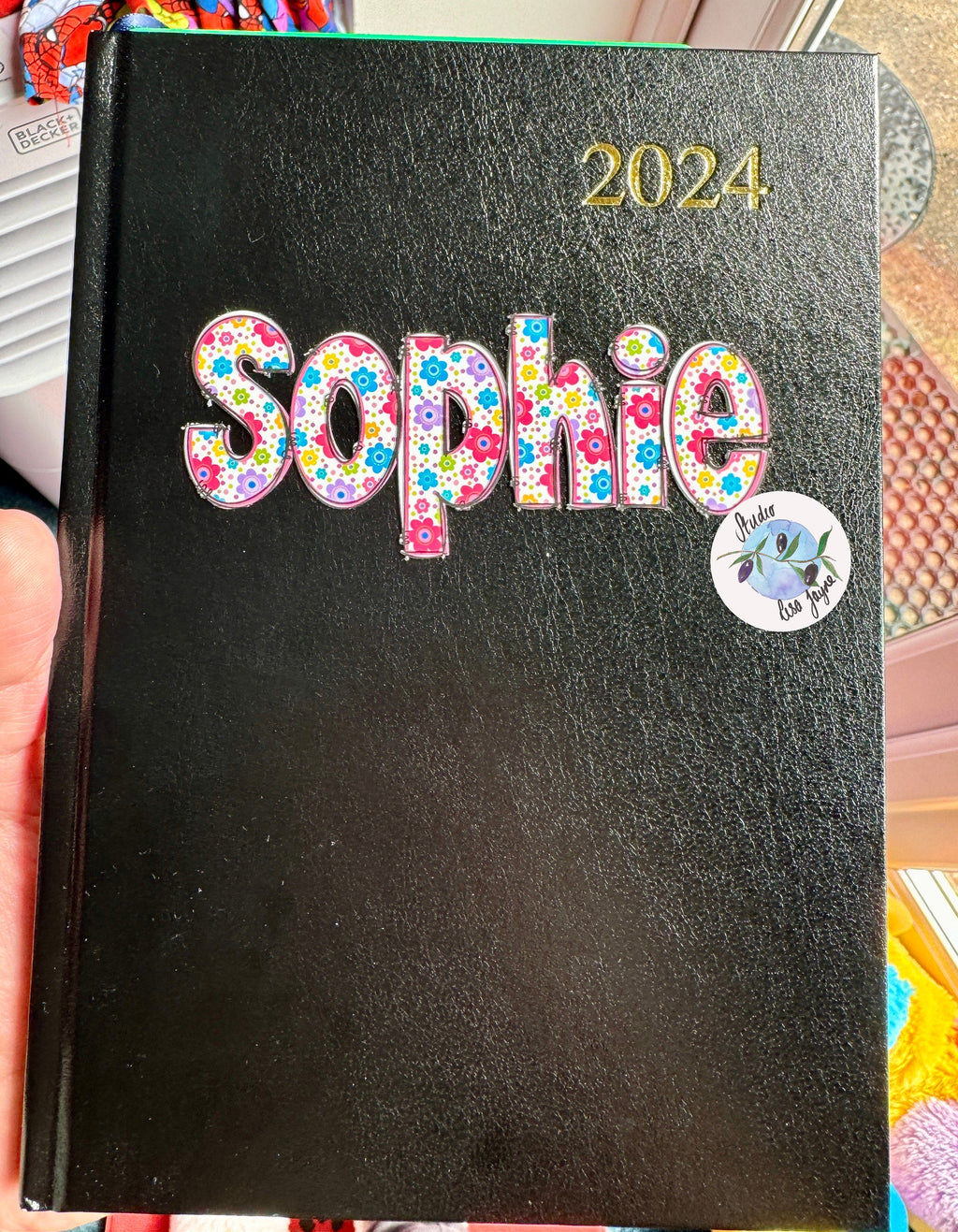 Floral Name Stickers - Personalised, customised, Waterproof, durable, bright, colourful, feminine, girly vinyl decal for laptops, drink bottles - flower polka dots on diary journal