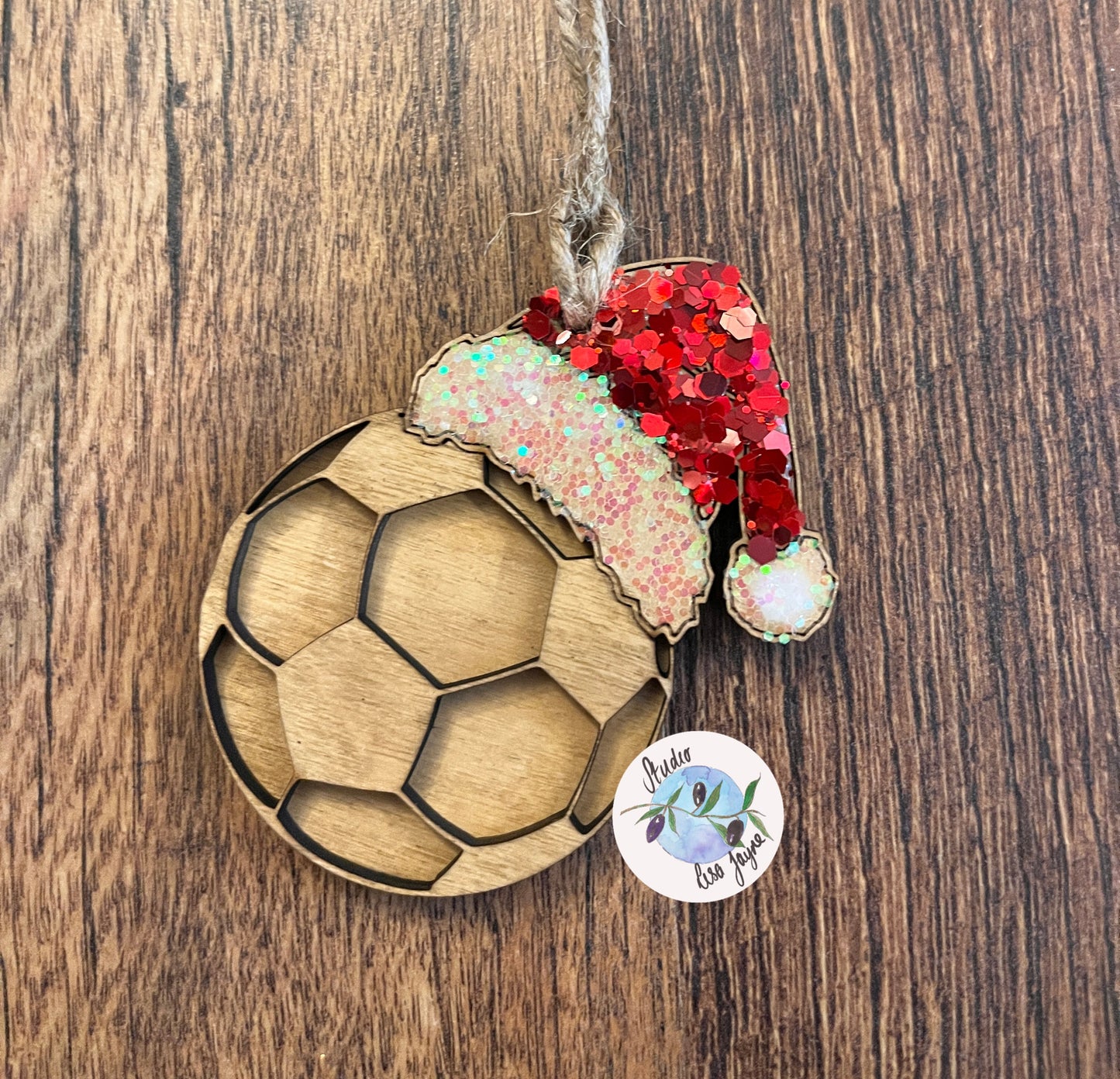 Football Christmas Tree Decoration Handmade Glitter Wood Ornament 