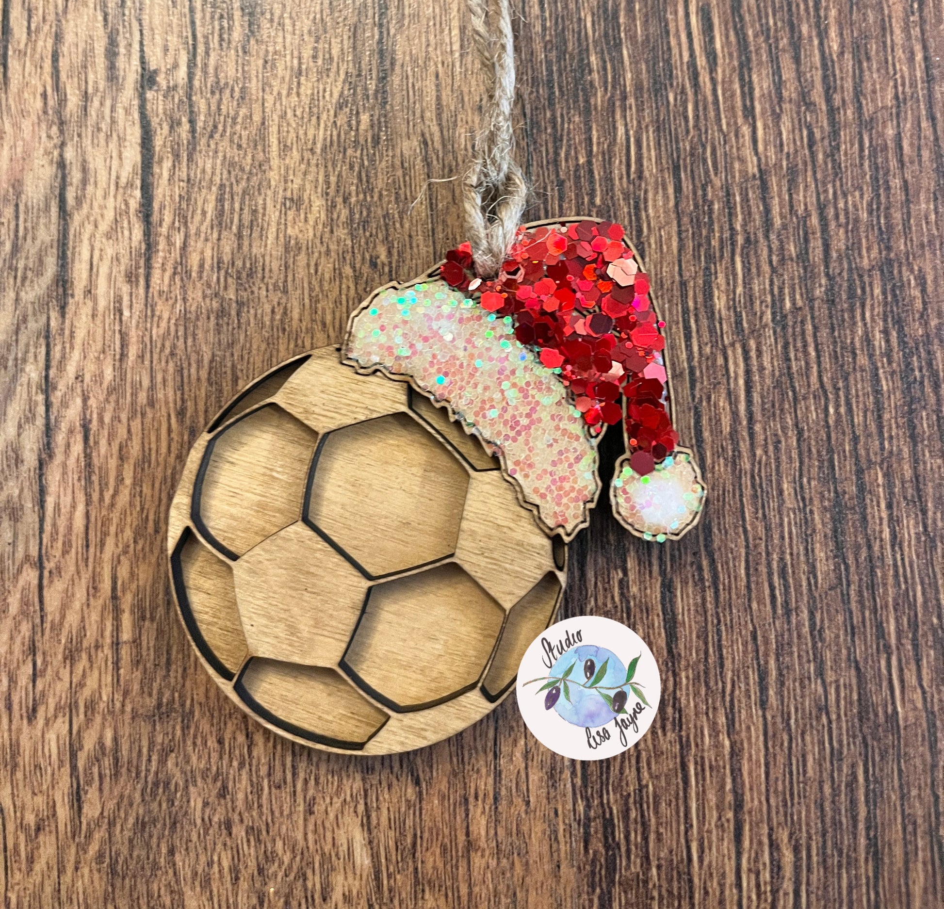 Football Christmas Tree Decoration Handmade Glitter Wood Ornament 