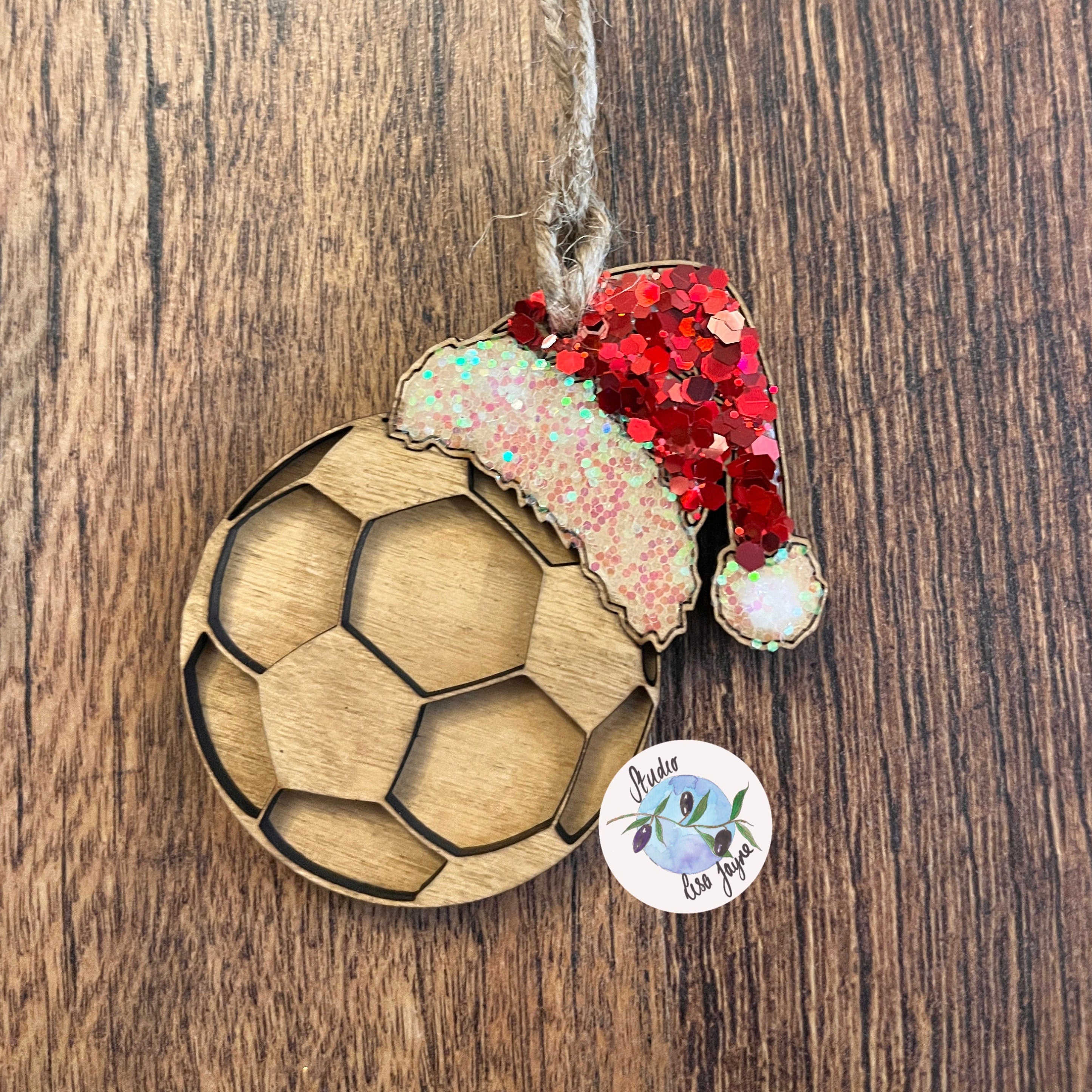 Football Christmas Tree Decoration Handmade Glitter Wood Ornament 
