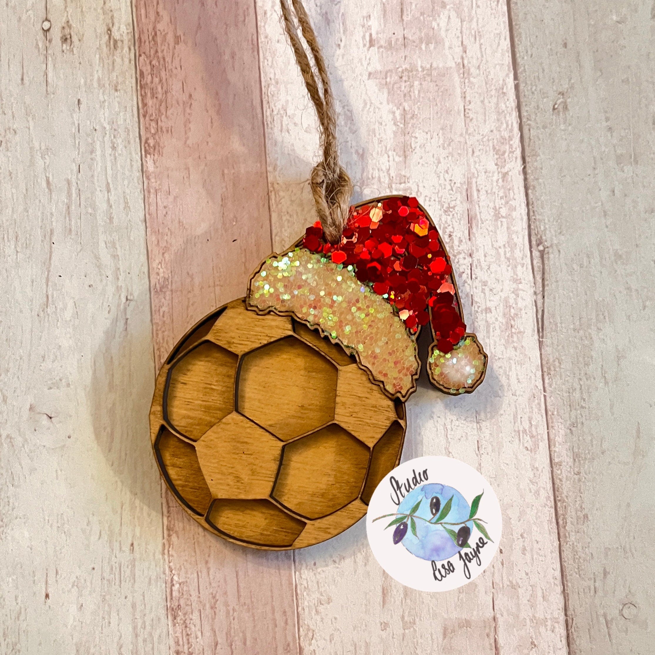 Football Christmas Tree Decoration Handmade Glitter Wood Ornament 