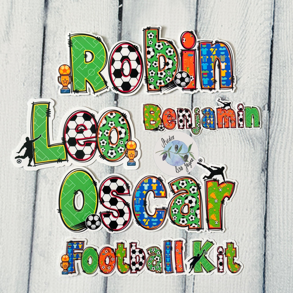 Football Name Sticker personalised, sport Name Label customised for drinks bottle, iPad, tablet, laptop.  Collection of kids names