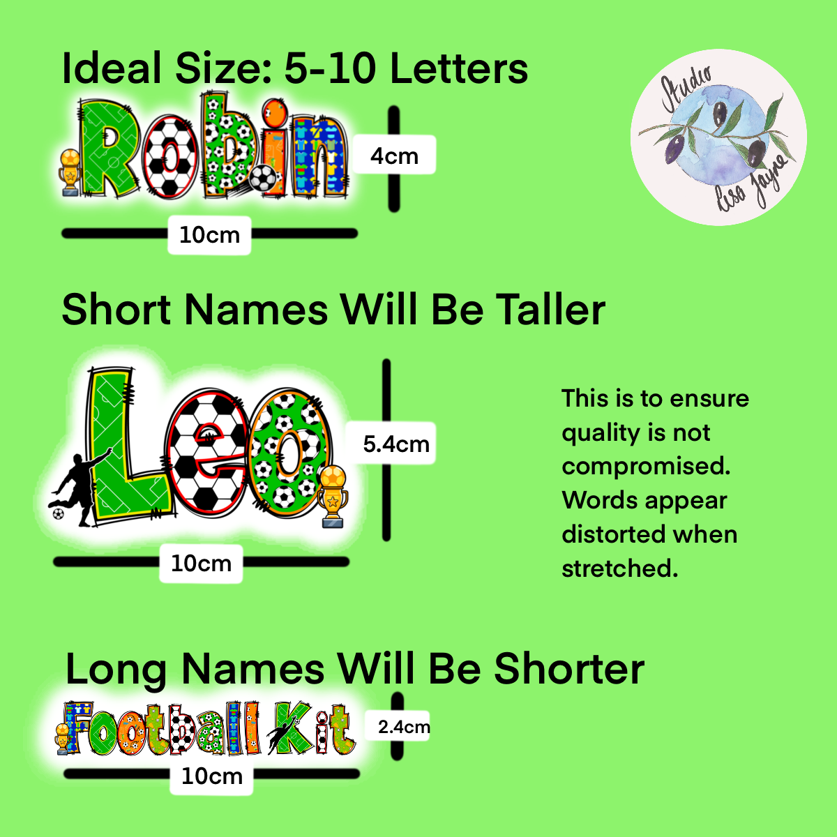 Football Name Sticker personalised, sport Name Label customised for drinks bottle, iPad, tablet, laptop.  Size chart showing different size options