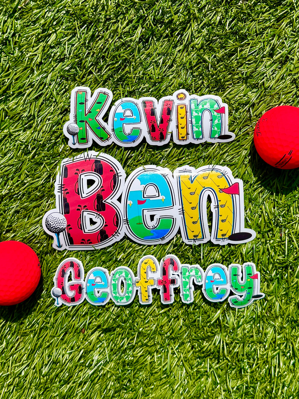 Golf Personalised Name Sticker.  Ideal to apply to drink water bottles, notebooks, laptops and tablets.  Multiple names on golf green