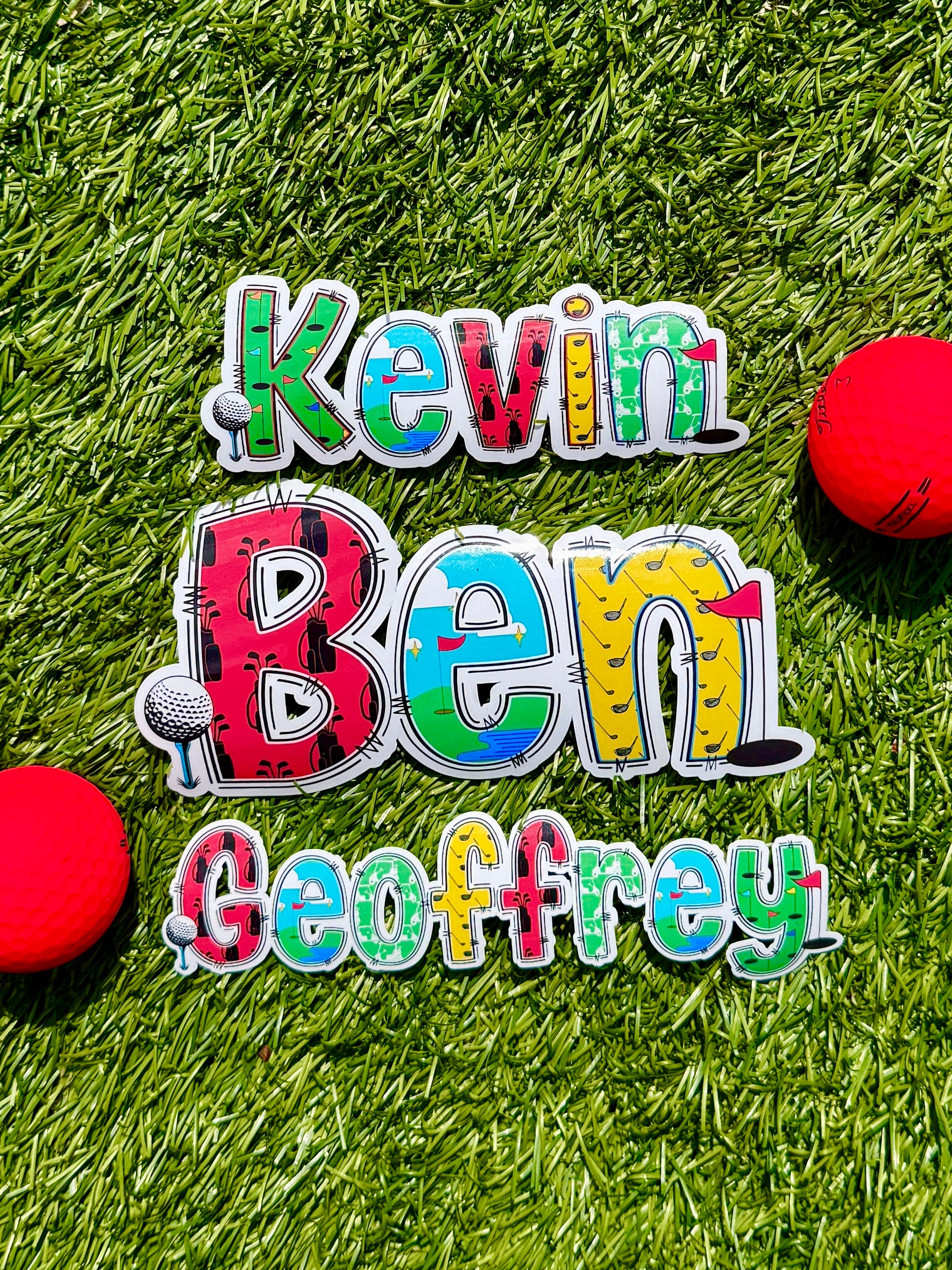 Golf Personalised Name Sticker.  Ideal to apply to drink water bottles, notebooks, laptops and tablets.  Multiple names on golf green